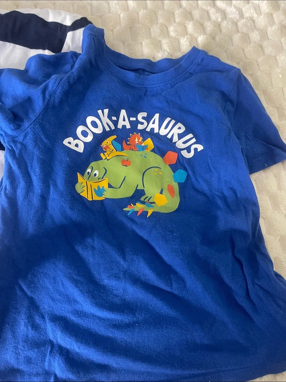 Kids 1-Blue Book-A-Saurus Short Sleeve Graphic Tee & 1- Blue/White Striped Tee